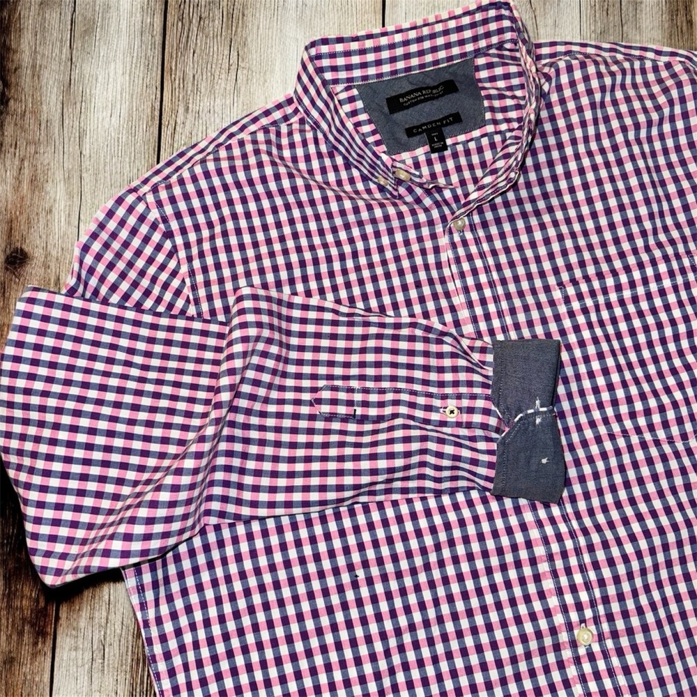Banana Republic Camden Fit No Iron Plaid Dress Shirt Lg Pink, Slate Blue & White